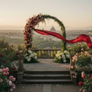 Elopement ceremony with red ribbon in the private Rose Garden of Villa San Michele above Florence – villa san michele elopement – Kiss Me Italy