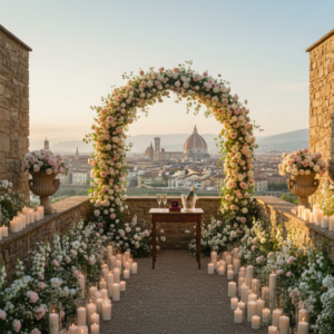Proposal setup with flowers in the private Rose Garden of Villa San Michele above Florence – villa san michele rose garden proposal – Kiss Me Italy