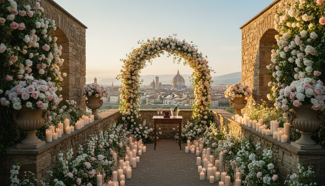 Proposal setup with flowers in the private Rose Garden of Villa San Michele above Florence – villa san michele rose garden proposal – Kiss Me Italy
