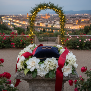 Vow renewal setup with rings and red ribbon in the Rose Garden of Villa San Michele above Florence – villa san michele vow renewal – Kiss Me Italy