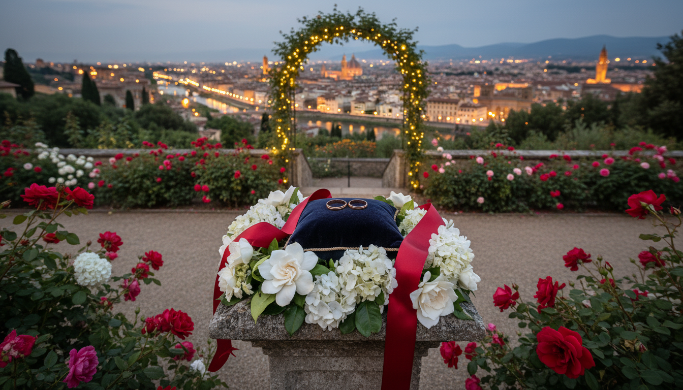 Vow renewal setup with rings and red ribbon in the Rose Garden of Villa San Michele above Florence – villa san michele vow renewal – Kiss Me Italy