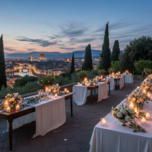 Wedding dinner in the terraced gardens of Villa San Michele above Florence – villa san michele wedding dinner – Kiss Me Italy