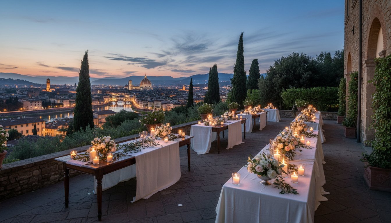 Wedding dinner in the terraced gardens of Villa San Michele above Florence – villa san michele wedding dinner – Kiss Me Italy