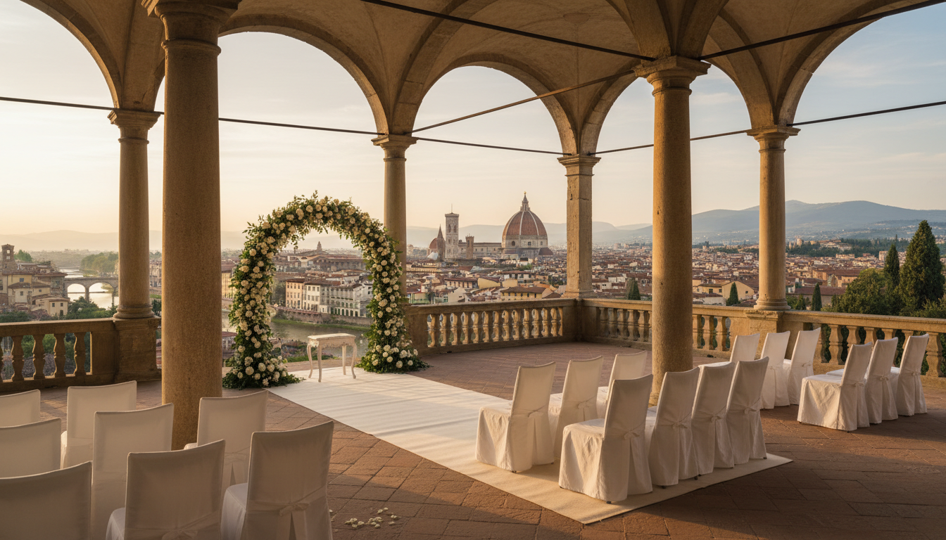 Wedding ceremony on the celebrated loggia of Villa San Michele overlooking Florence – villa san michele wedding – Kiss Me Italy