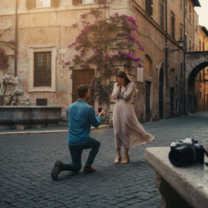 Surprise proposal moment at an iconic corner of Rome – hidden photographer proposal rome – Kiss Me Italy