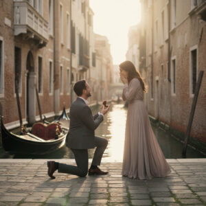 Surprise proposal moment at an iconic corner of Venice – hidden photographer proposal venice – Kiss Me Italy