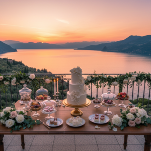 The Terraced Lakeview Wedding — Garda (Hotel Cristal Sirmione) Wedding cake table on the rooftop of Hotel Cristal Sirmione, Lake Garda – hotel cristal sirmione micro wedding garda – Kiss Me Italy