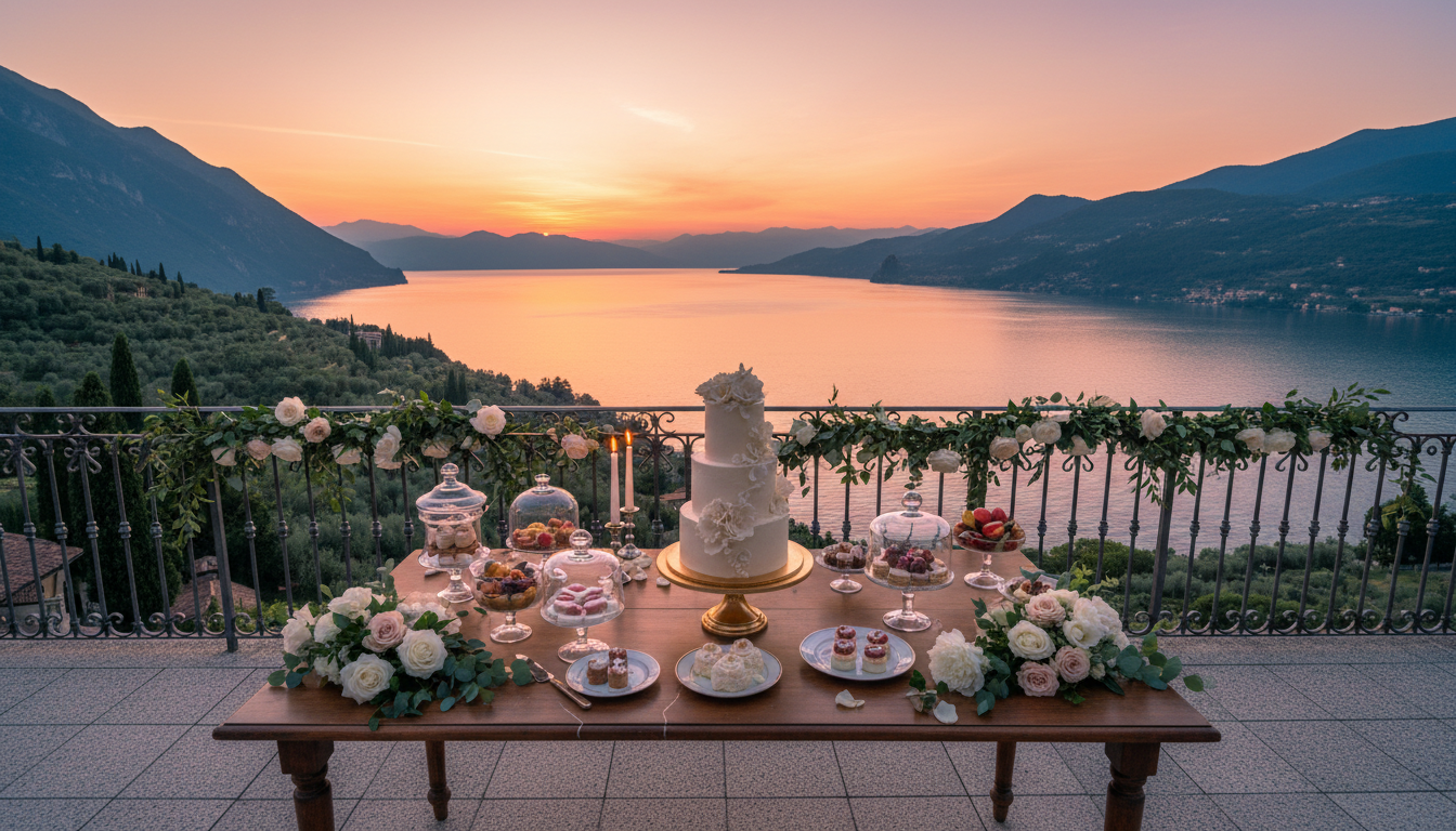Wedding cake table on the rooftop of Hotel Cristal Sirmione, Lake Garda – hotel cristal sirmione micro wedding garda – Kiss Me Italy