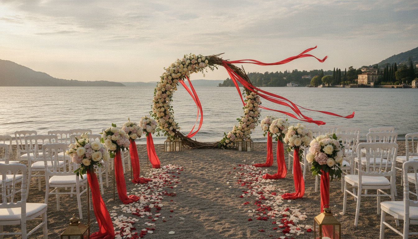 Vow renewal ceremony on the private beach of Hotel Filario, Lake Como – hotel filario vow renewal beach como – Kiss Me Italy