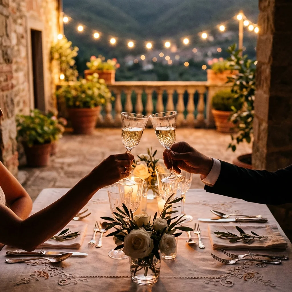Couple raising glasses over a candlelit dinner table on a terrace at dusk