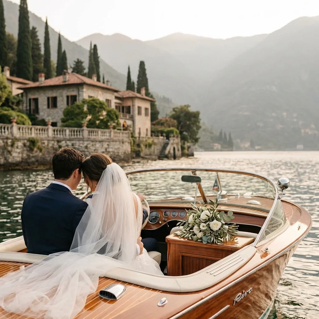 Bride and groom arriving by wooden motorboat at a lakeside villa on Lake Como