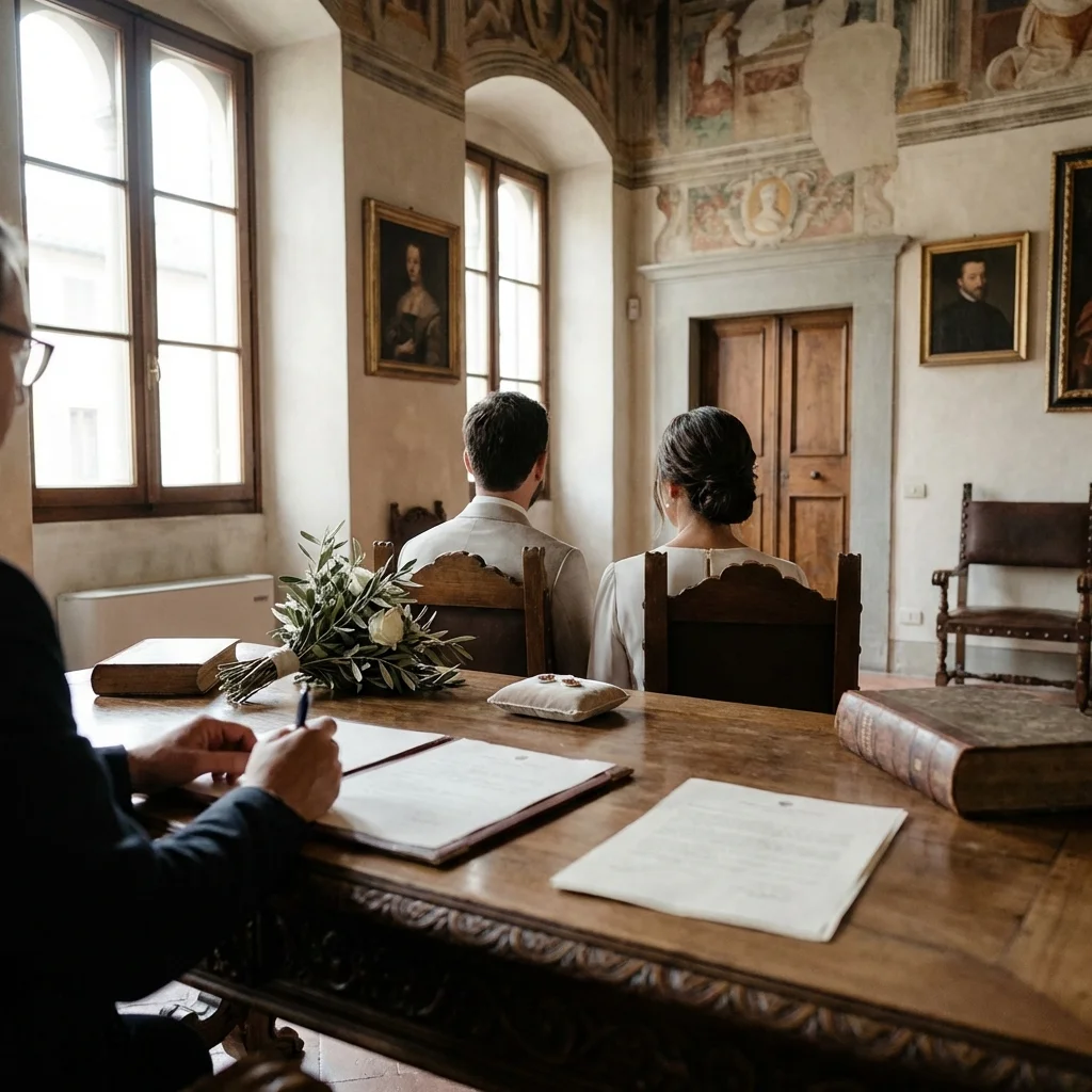 Couple seated before an officiant at a wooden desk in a frescoed hall during a civil ceremony