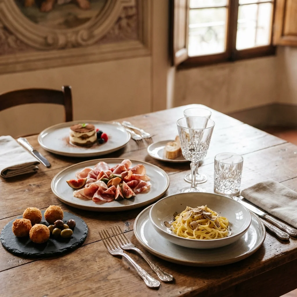 italian wedding food course progression on elegant table