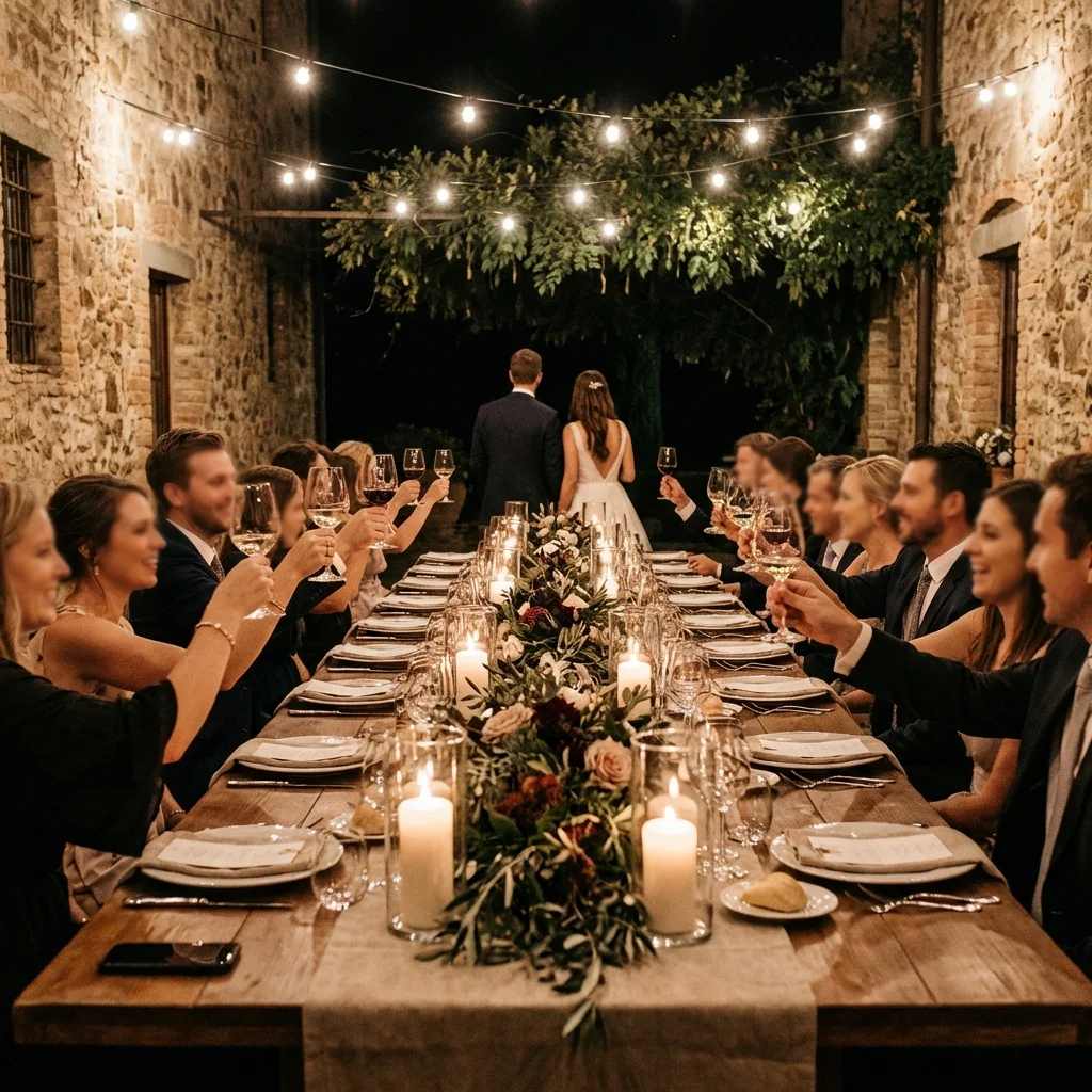Candlelit long table dinner for a small group of wedding guests
