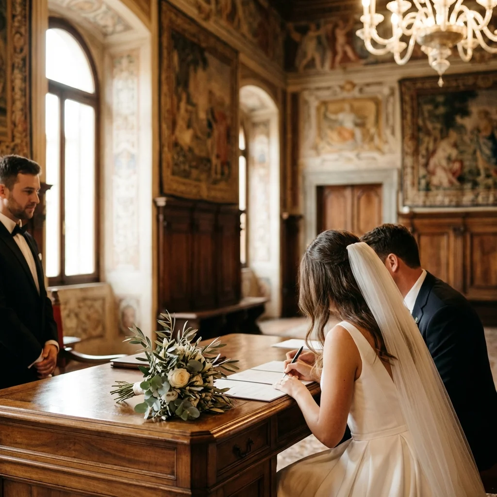 Couple signing documents at a civil ceremony in Italy