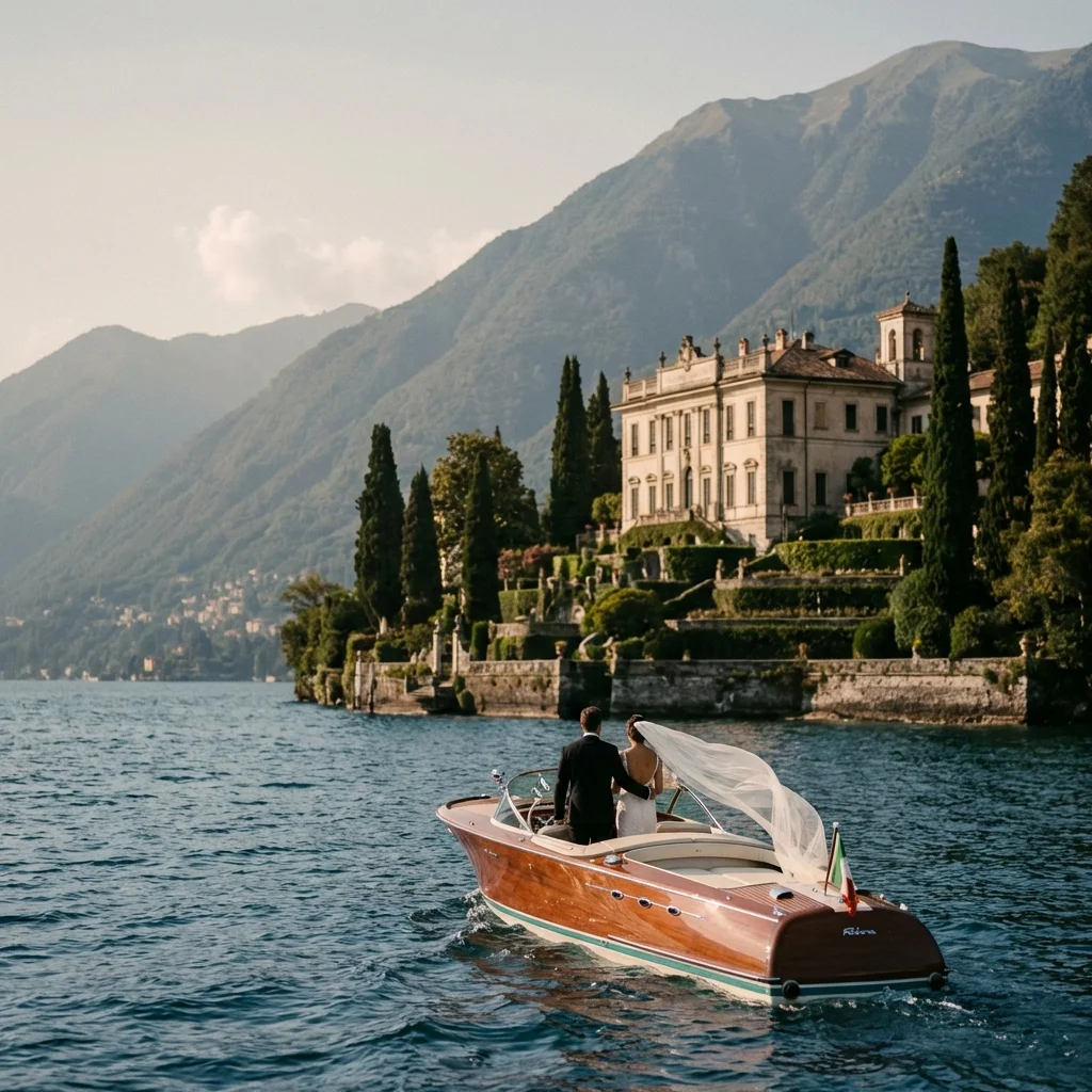 Couple arriving by vintage boat for a micro wedding on Lake Como