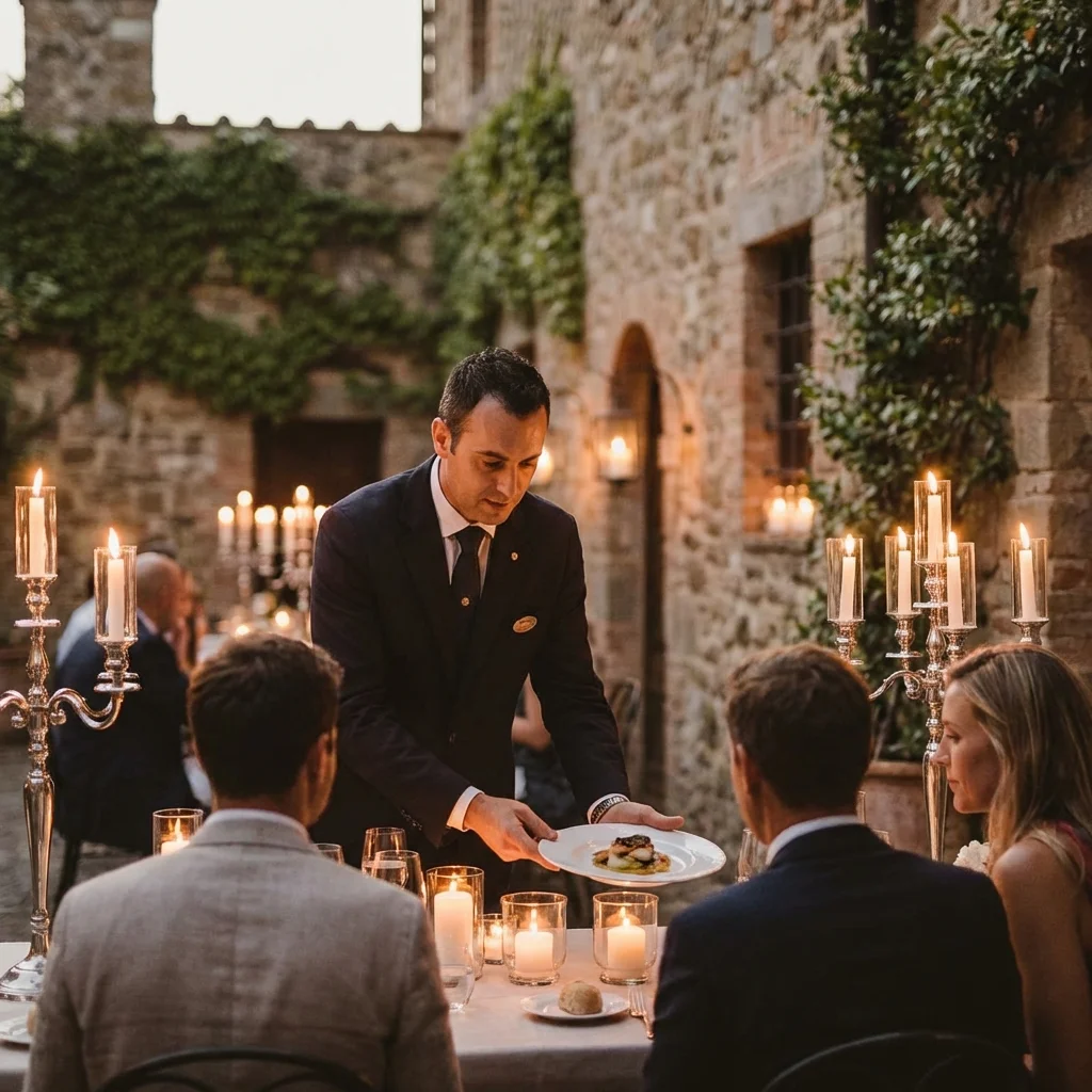 Fine dining in a private courtyard at a micro wedding