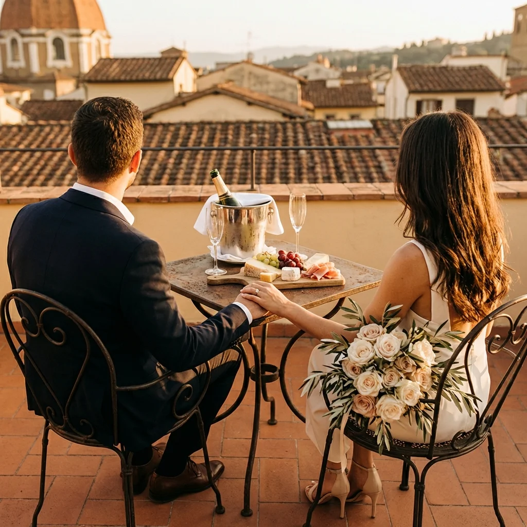 Couple toasting with Champagne at a small table on a Florence rooftop, with terracotta roofs and a dome behind them