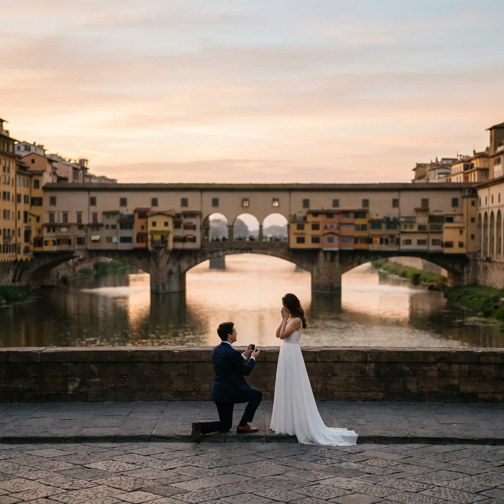 Man kneeling to propose on the Arno embankment at sunset, with Ponte Vecchio behind the couple