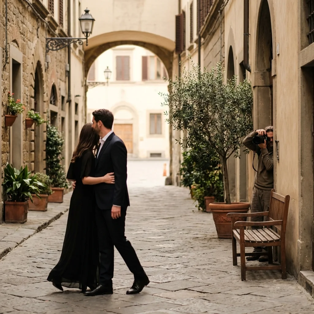 Couple embracing in a quiet Florence street while a photographer captures the moment from a doorway