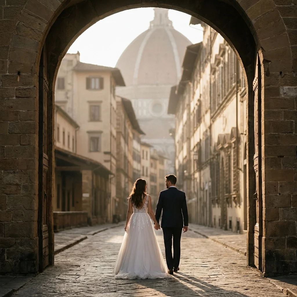 Couple on an empty Florence street at dawn before the city wakes
