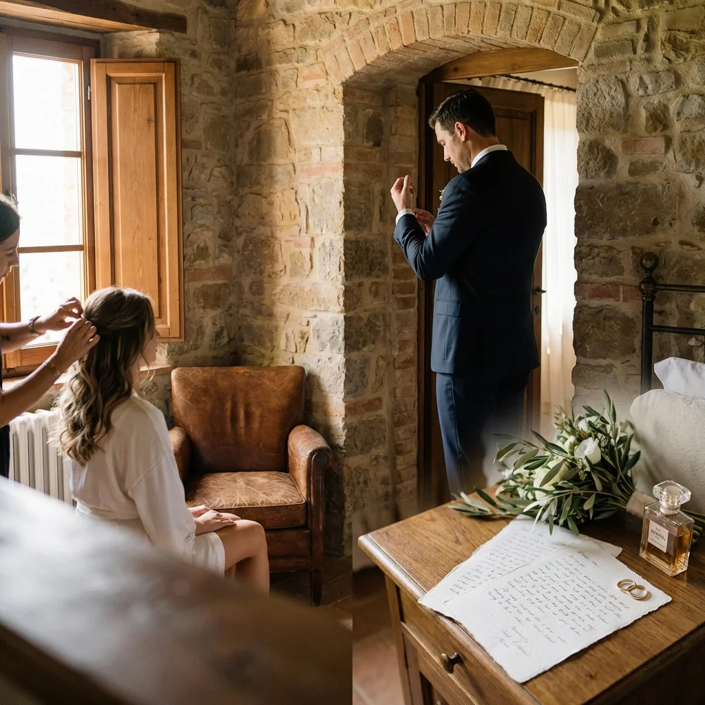Couple exchanging vows in soft morning light in the Tuscan countryside