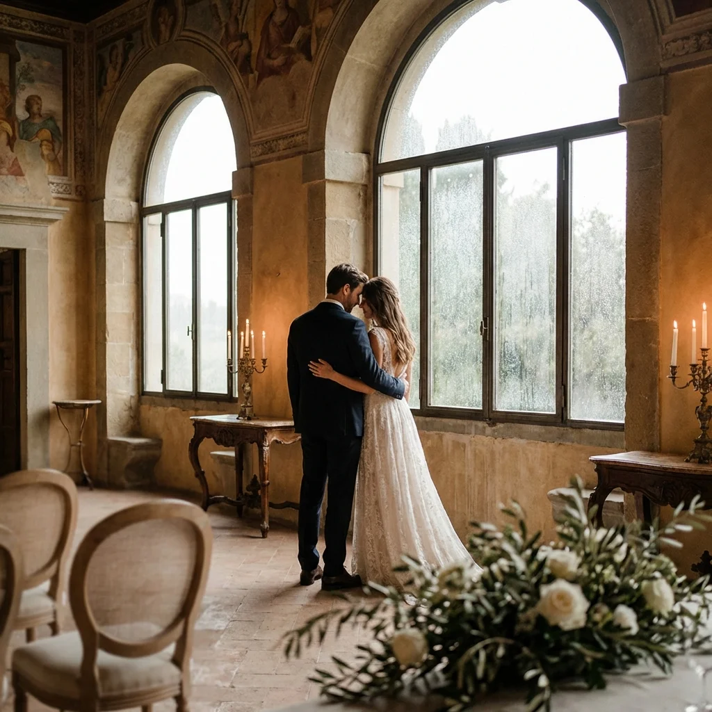 Couple sheltering indoors in a Tuscan villa while rain falls outside