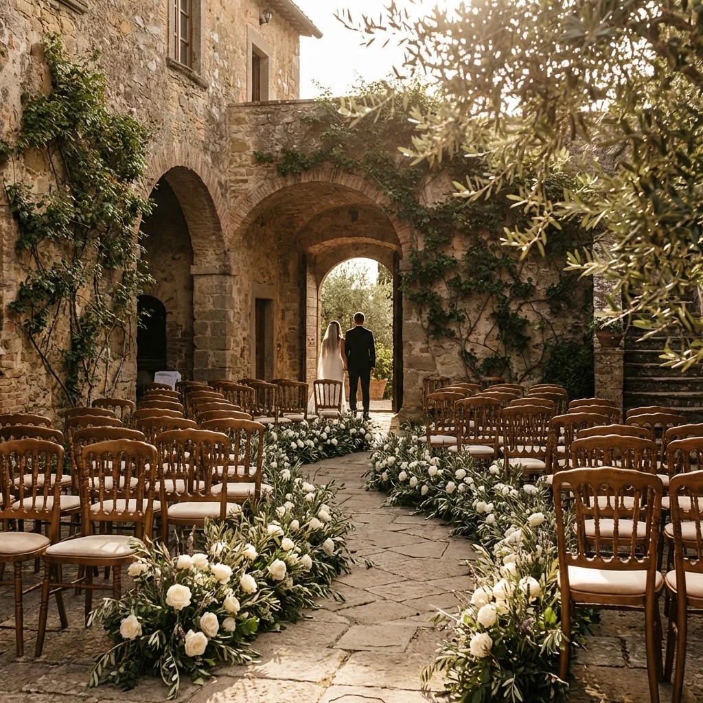 Ceremony chairs and white flowers set in the stone courtyard of a Tuscan castle