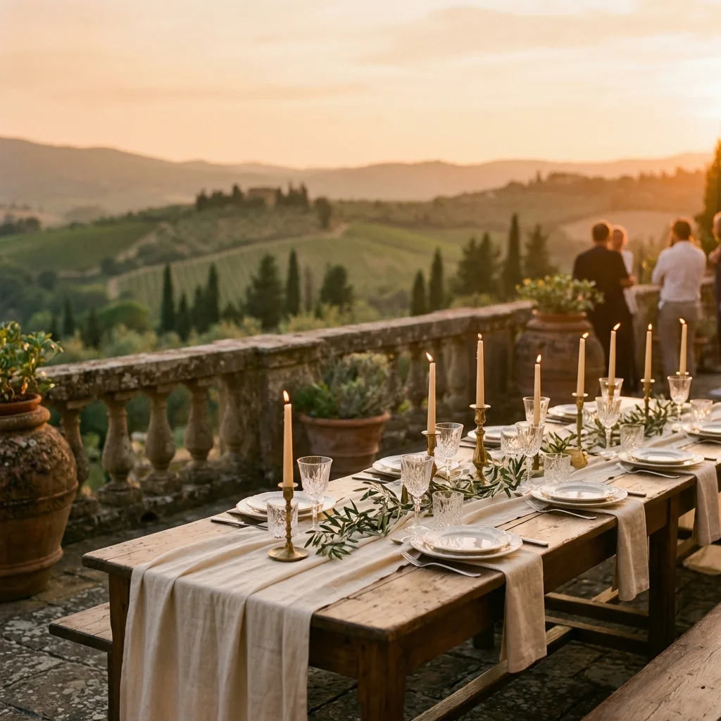 Stone terrace in Tuscany at sunset set for a small celebration