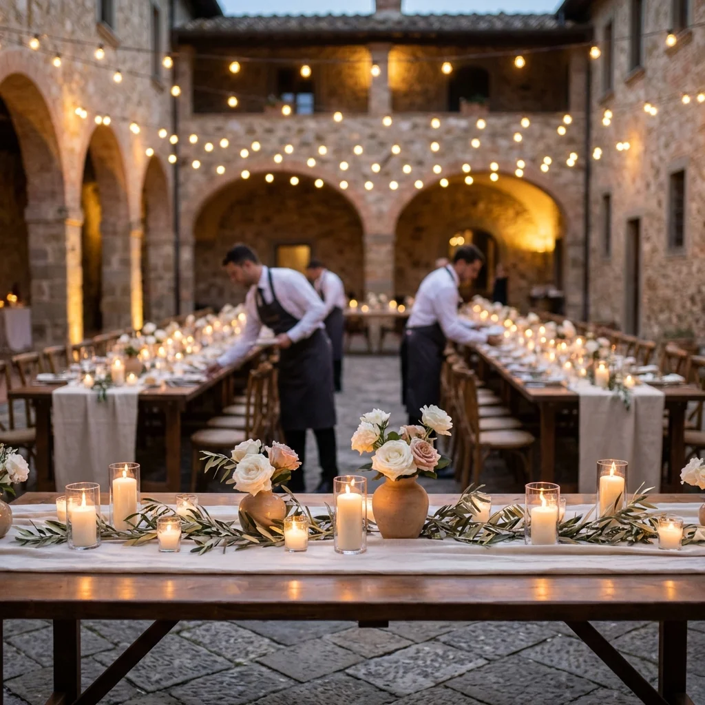 Long dinner tables under string lights in a stone courtyard in Tuscany