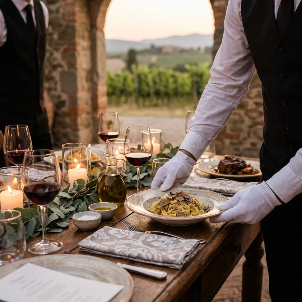 Waiter serving pasta at a candlelit table with a view of Tuscan vineyards