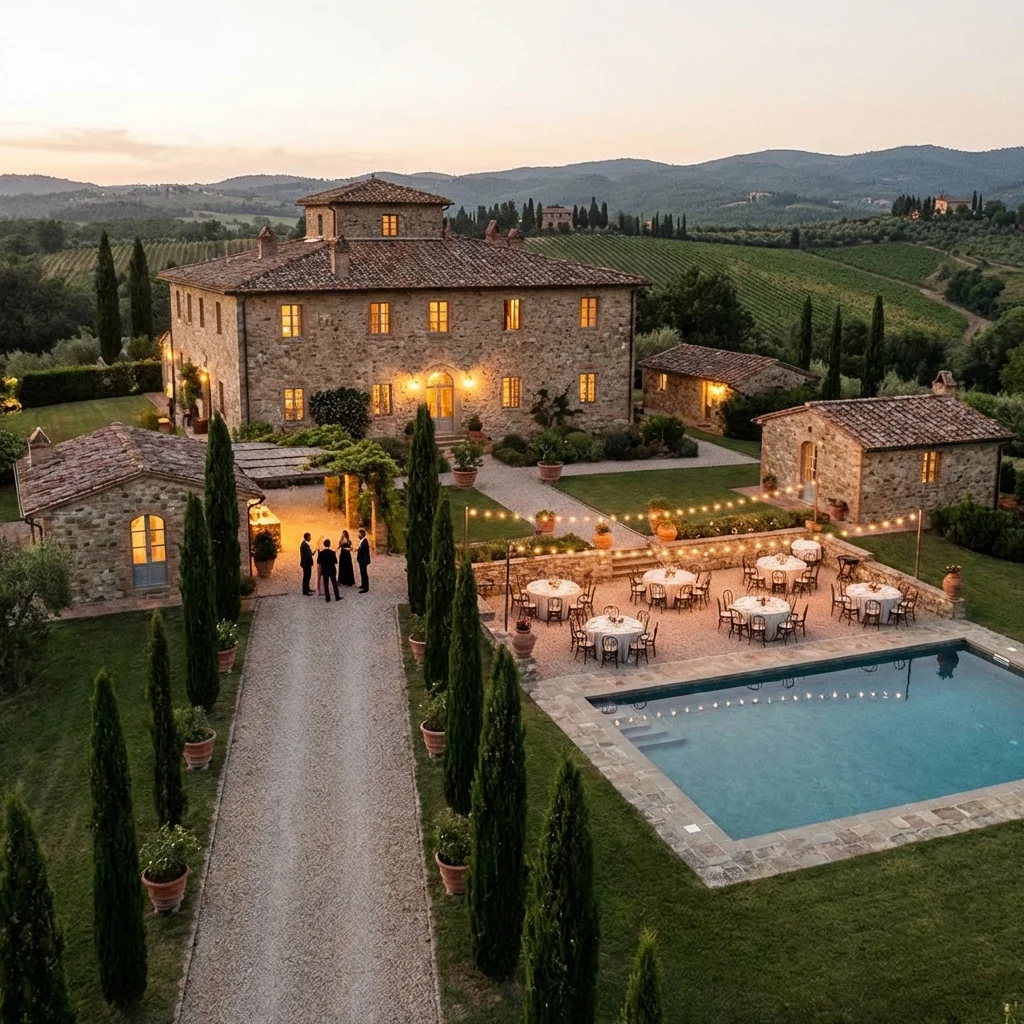 Aerial view of a Tuscan villa with pool, cypress drive and dinner tables at dusk