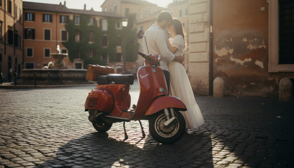 Proposal during a vintage Vespa tour of Rome – vespa tour proposal rome – Kiss Me Italy