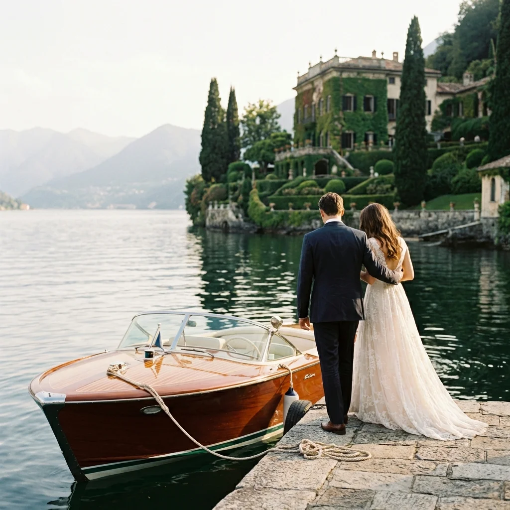 vow renewal italy Lake Como vintage boat arrival