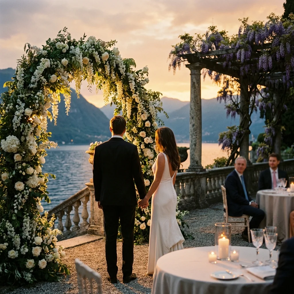 Vow renewal Lake Como Italy — Golden hour on a terrace