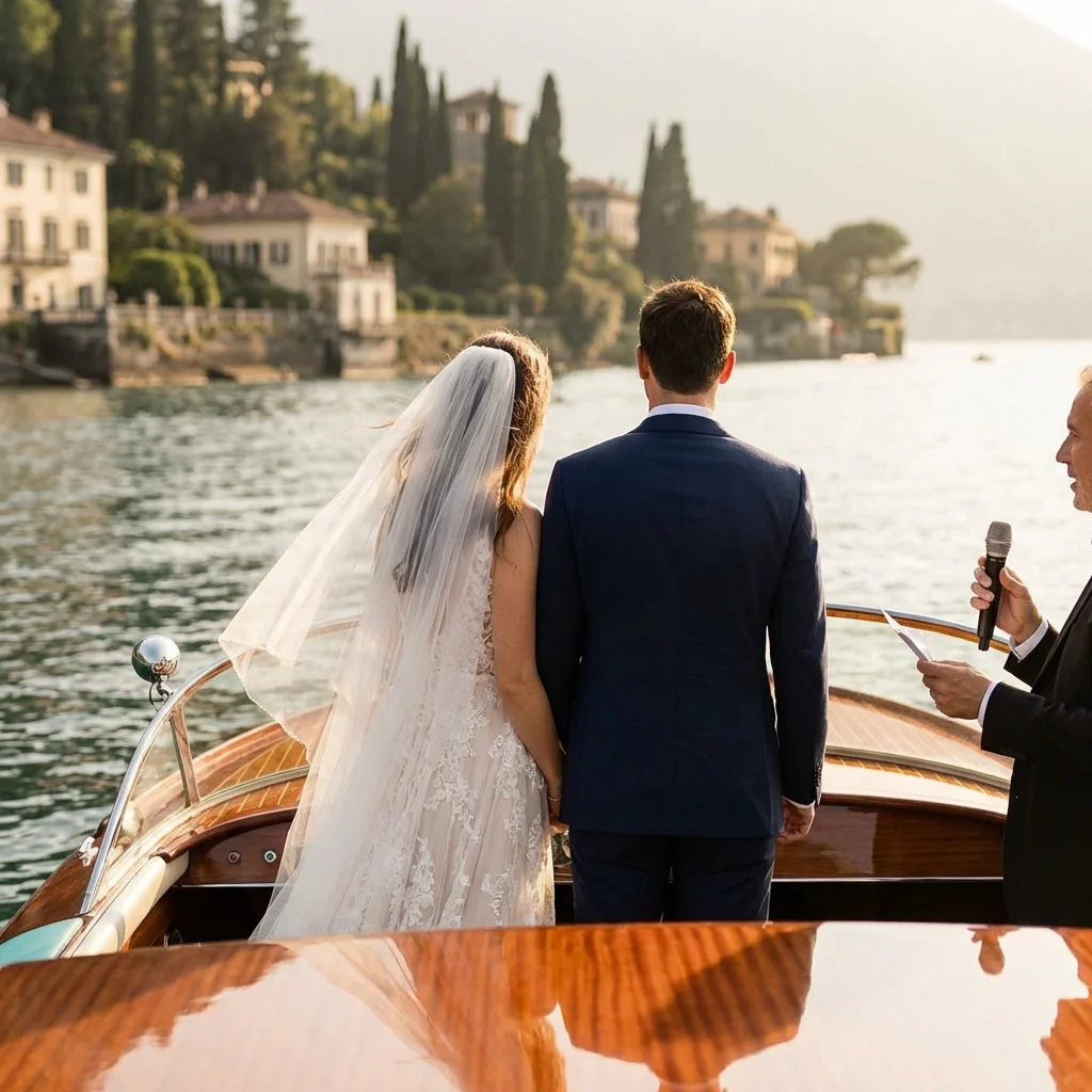 Vow renewal Lake Como Italy — Mahogany decks, whispered promises