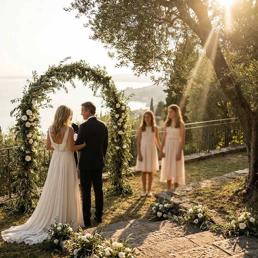 Vow renewal Lake Garda Italy — September light, olive-scented promises
