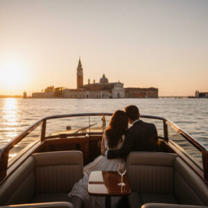 Proposal aboard a private water taxi in the Venice lagoon at sunset – water taxi lagoon proposal venice – Kiss Me Italy