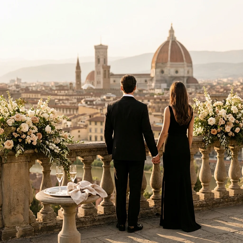 Couple holding hands on a stone terrace with flowers, looking at the Duomo and the Florence skyline