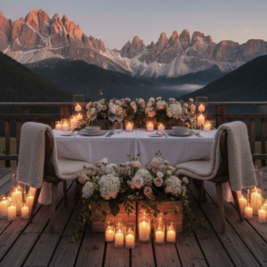 Candlelit dinner table for a proposal at Baita Resch, Dolomites – baita resch dinner proposal dolomites – Kiss Me Italy