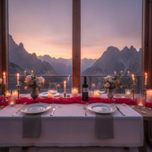 Candlelit anniversary dinner table at Baita Resch, Dolomites – baita resch dinner vow renewal dolomites – Kiss Me Italy