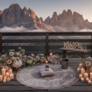 Proposal setup on the panoramic terrace of Baita Resch, Dolomites – baita resch proposal dolomites – Kiss Me Italy
