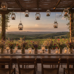 Welcome party tables at Capanna Suites, Montalcino – capanna suites wedding 50 guests high season – Kiss Me Italy