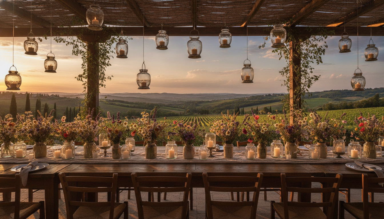 Welcome party tables at Capanna Suites, Montalcino – capanna suites wedding 50 guests low season – Kiss Me Italy