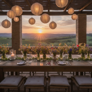 Welcome party tables at Capanna Suites, Montalcino – capanna suites wedding 80 guests low season – Kiss Me Italy