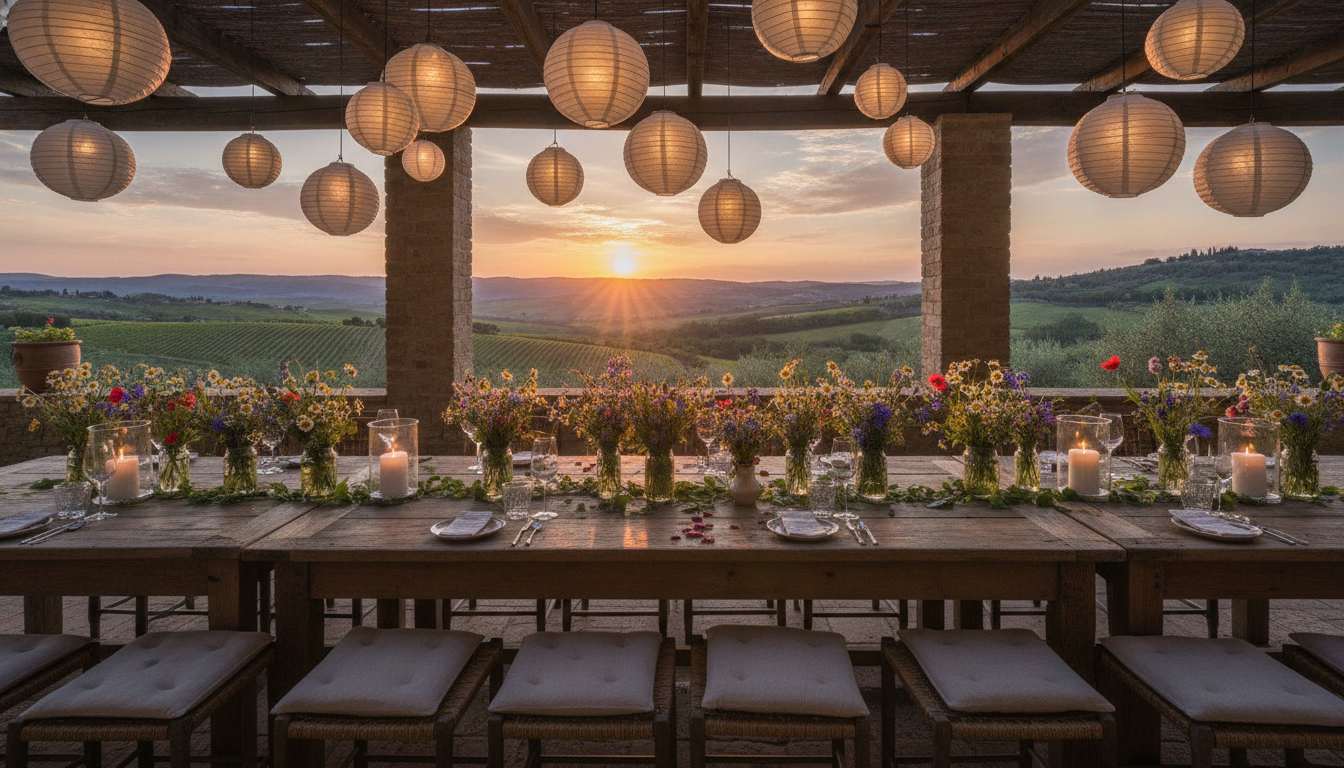 Welcome party tables at Capanna Suites, Montalcino – capanna suites wedding 80 guests low season – Kiss Me Italy