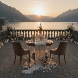 Proposal setup on the panoramic terrace of Castello di Rossino, Lake Como – castello di rossino proposal lake como – Kiss Me Italy