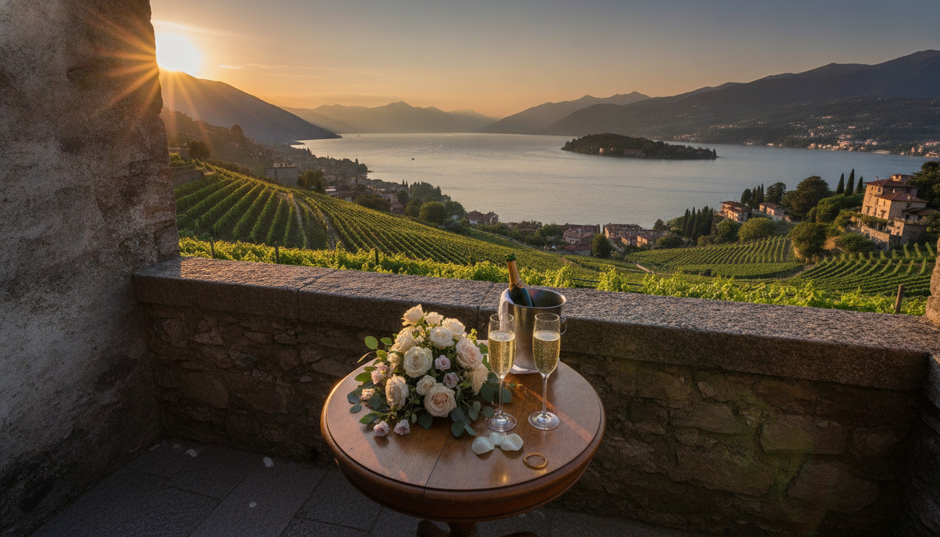 Toast for a vow renewal in the lake-view vineyard of Castello di Rossino – castello di rossino toast vow renewal – Kiss Me Italy