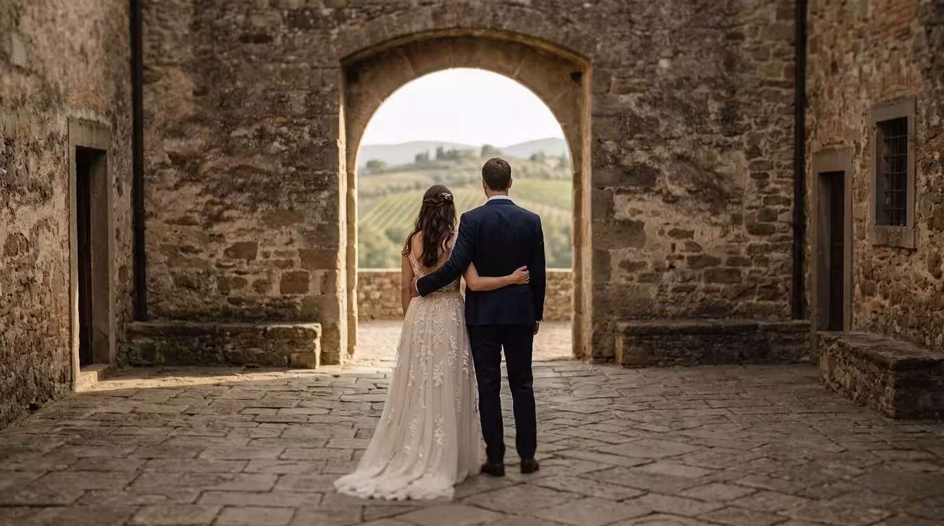 Bride and groom facing vineyard hills from a Radda in Chianti courtyard
