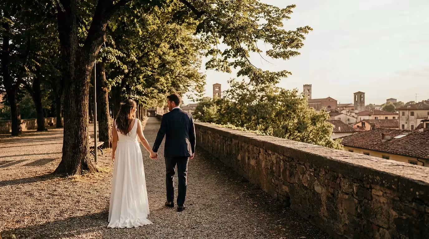 Bride and groom walking beneath trees on Lucca's historic ramparts